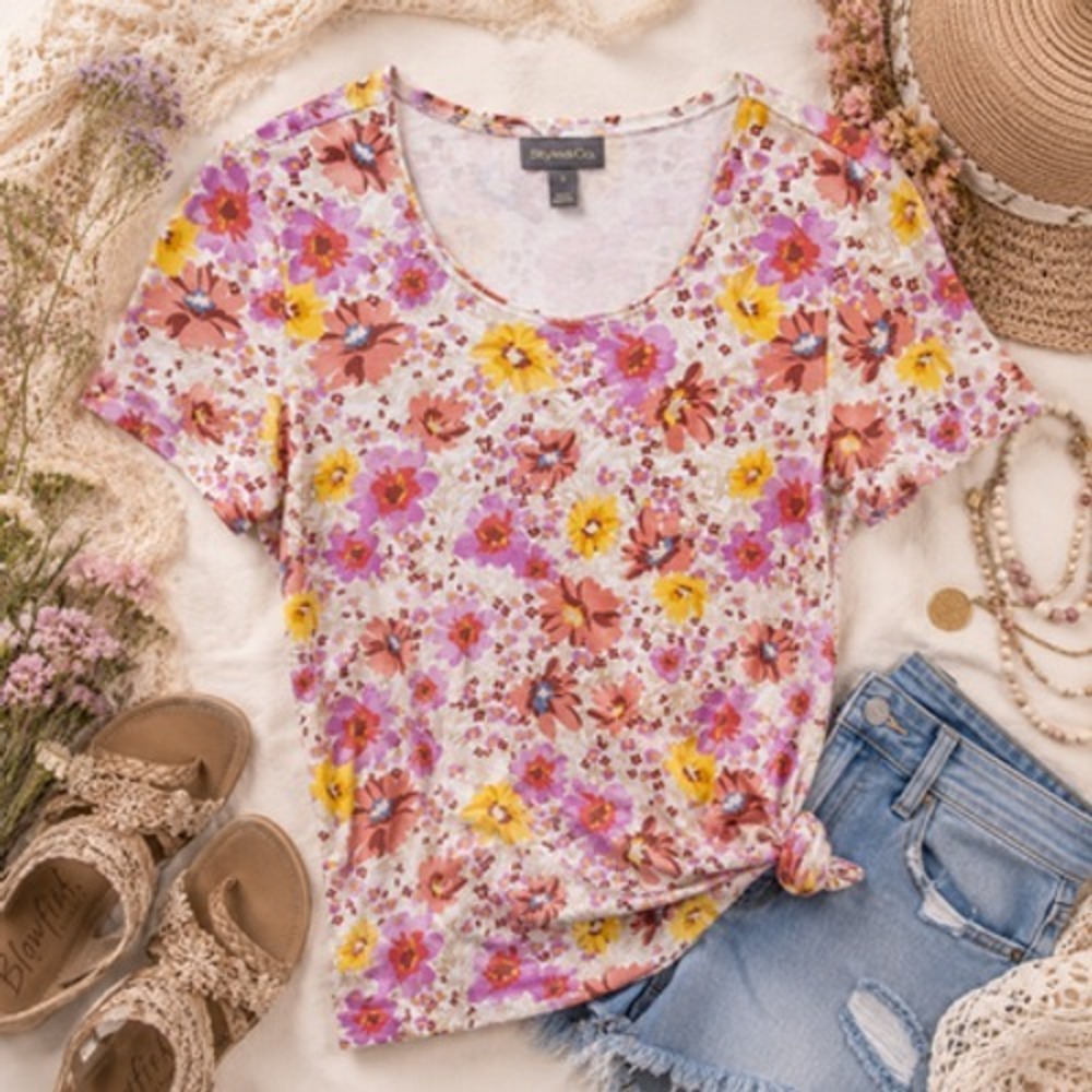 Style & Co Boho Floral Short Sleeve Top Size S Multicolor Cotton Blend Blouse